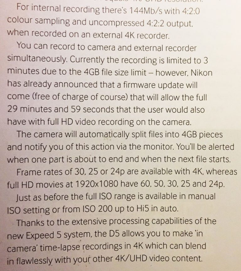 Nikon D5 Firmware Update Extends 4K Recording Limit Nature TTL