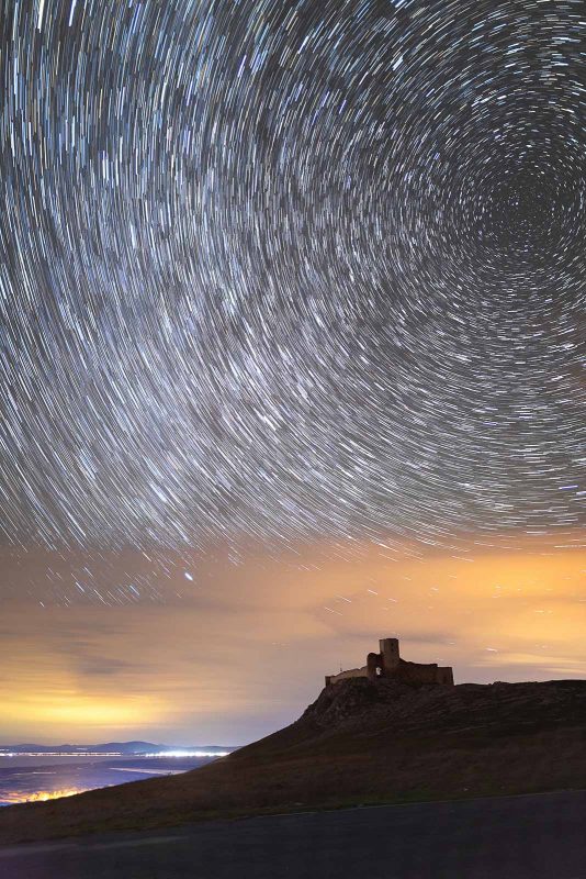 Star trails above the fortress at Enisala