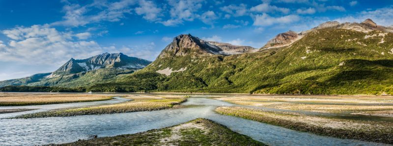 Landscape of Geographic Bay in Katmai National Park during low tide